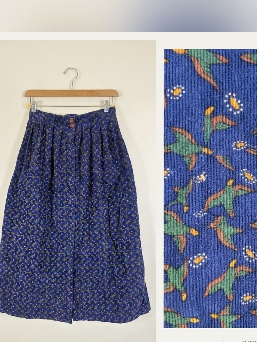 Vintage Bryn Connelly Duck Print Corduroy Midi Skirt Size 12 Pleated Pockets